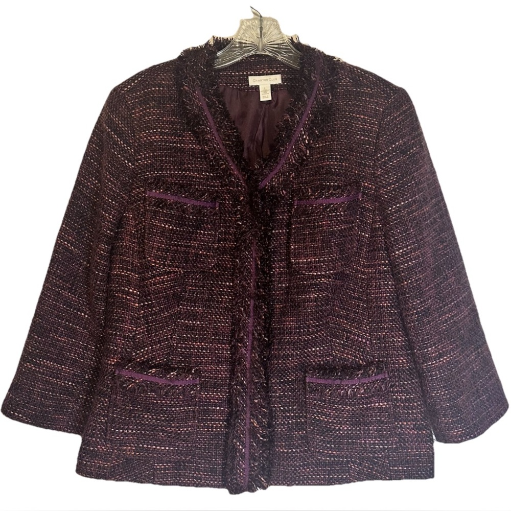 Classic Fringe Trim Tweed Jacket - Purple
